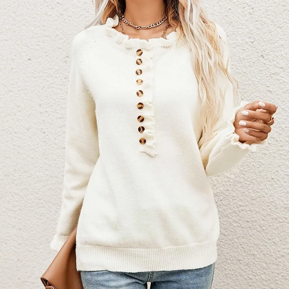 Women's Round Neck Button Down Knit Ribbed Sweater with Ruffles Size Small